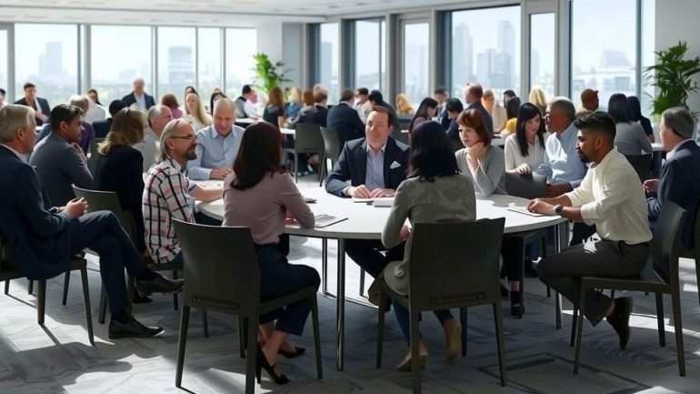 אולם כנסים מלא בשולחנות עגולים עם אנשים ישובים סביבם