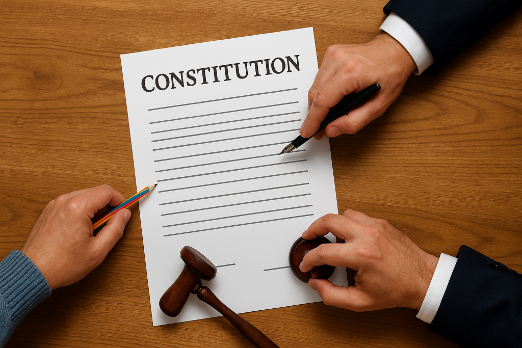 טיוטת חוקה על שולחן – שלוש ידיים מושכות לכיוונים שונים יד אחת עם עפרון צבעוני (מייצגת את הציבור) יד אחת עם עט נובע (מייצגת את האליטה) יד אחת עם חותמת או פטיש (מייצגת את הפרלמנט) כל אחת מושכת את המסמך לעברה