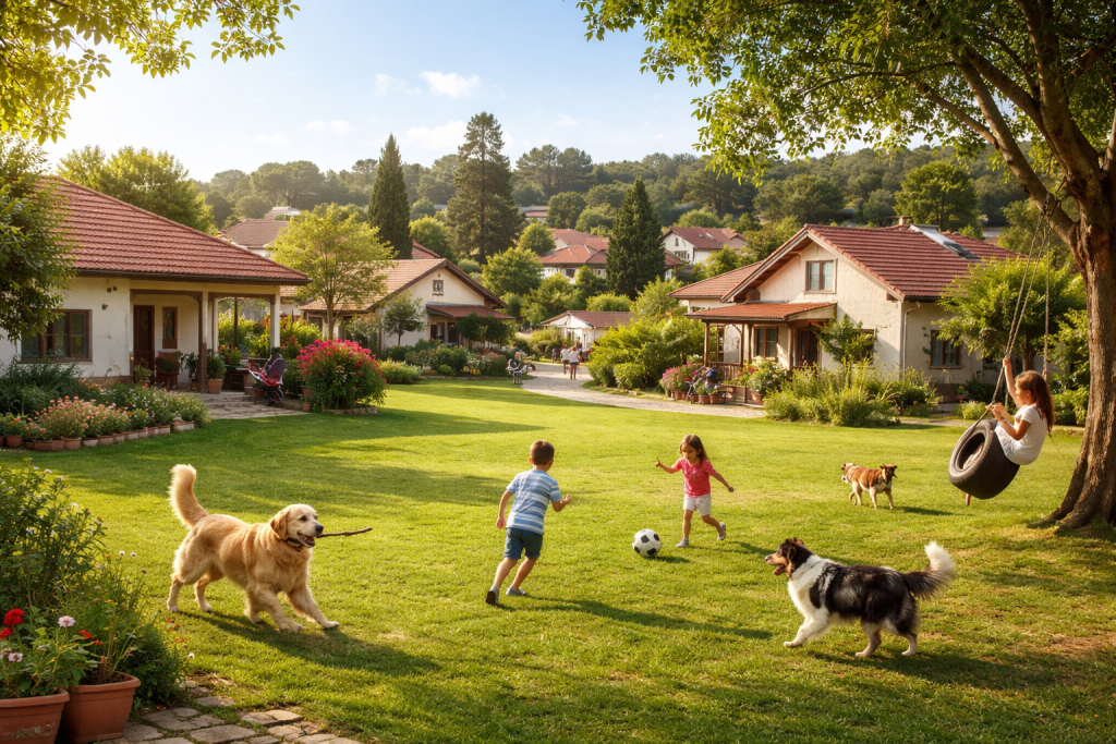 ילדים וכלבים משחקים במדשאות הישוב