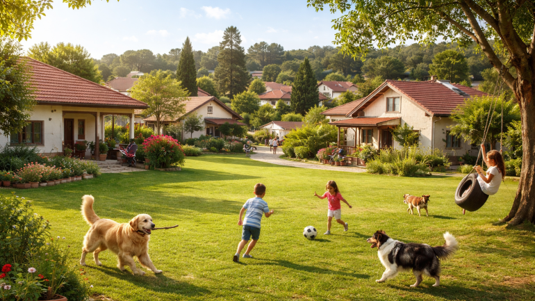 ילדים וכלבים משחקים במדשאות הישוב