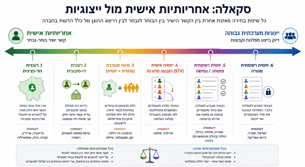 אילוסטרציה גרפית של שיטות בחירה על הציר של אחריותיות מול ייצוגיות