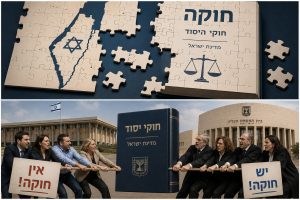 תמונה מחולקת לרוחב לשנים: פאזל לא מושלם (הבחירה האינטלקטואלית) תמונה של פאזל שמרכיב מפת ישראל או מבנה של ספר חוקים — אבל חסרים בו חלקים, או שהם לא מתיישבים בדיוק. מסמל: חוקה קיימת אך חלקית ולא שלמה. שני מחנות משני צדדים (הקונפליקט) שתי קבוצות אנשים מושכות ספר אחד – צד אחד "יש חוקה", צד שני "אין חוקה". מסמל: הוויכוח הציבורי והמשפטי.