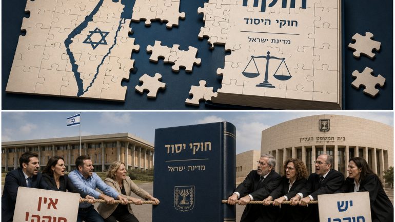 תמונה מחולקת לרוחב לשנים: פאזל לא מושלם (הבחירה האינטלקטואלית) תמונה של פאזל שמרכיב מפת ישראל או מבנה של ספר חוקים — אבל חסרים בו חלקים, או שהם לא מתיישבים בדיוק. מסמל: חוקה קיימת אך חלקית ולא שלמה. שני מחנות משני צדדים (הקונפליקט) שתי קבוצות אנשים מושכות ספר אחד – צד אחד "יש חוקה", צד שני "אין חוקה". מסמל: הוויכוח הציבורי והמשפטי.