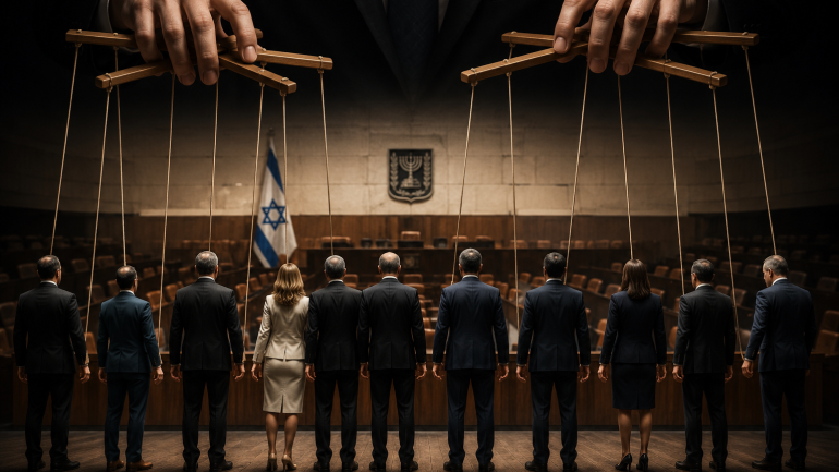 חברי כנסת כבובות על חוטים ויזואל: שורת דמויות בחליפות (חברי כנסת) עומדות על במה, מעליהן ידיים שמחזיקות חוטים (כמו מריונטות). מסר: מי באמת מפעיל את הנבחרים? סגנון: מטאפורי, מעט דרמטי.