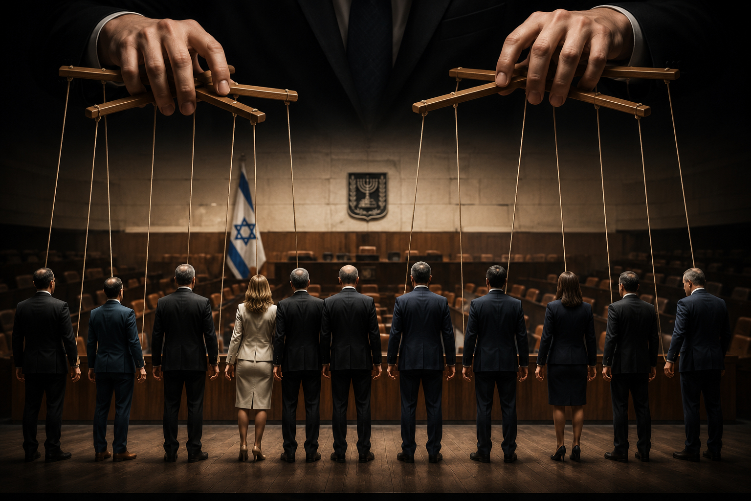 חברי כנסת כבובות על חוטים ויזואל: שורת דמויות בחליפות (חברי כנסת) עומדות על במה, מעליהן ידיים שמחזיקות חוטים (כמו מריונטות). מסר: מי באמת מפעיל את הנבחרים? סגנון: מטאפורי, מעט דרמטי.