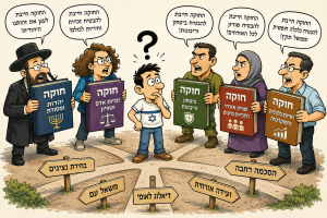 חמש דמויות שונות המייצגות מגזרים ותפיסות שונות בחברה הישראלית עומדות במעגל. כל אחת מחזיקה ספר חוקה משלה, עם סמלים ועקרונות שונים. הספרים כמעט מתנגשים זה בזה. במרכז עומד אזרח ישראלי פשוט, לא פוליטיקאי ולא שופט, ומולו על הקרקע פרושים כמה שבילים המובילים לכיוונים שונים. מעליו או מופיע סימן שאלה גדול.