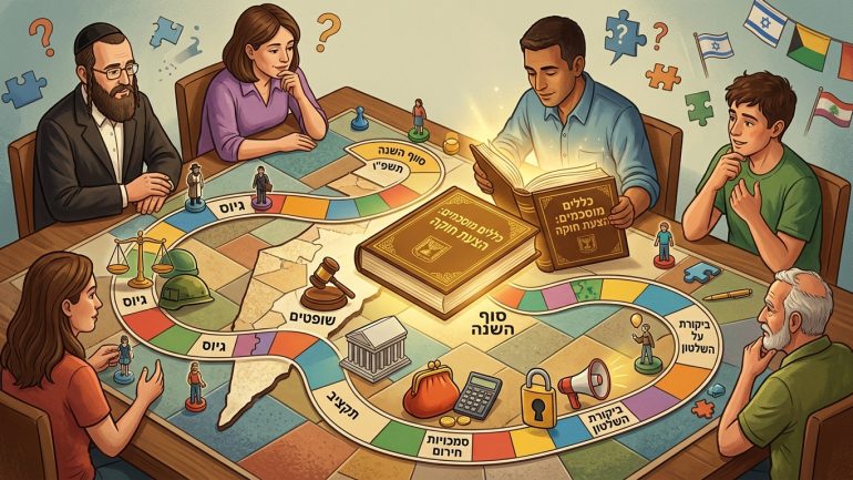 הקונספט: איור של שחקנים (המייצגים קבוצות שונות בחברה) סביב לוח משחק גדול, כשאחד מהם מחזיק ספר חוקים פתוח שמקרין אור על הלוח. על גבי משבצות הלוח מופיעים סמלים כרונולוגיים של אירועי תשפ"ו. מה זה משדר: מענה ישיר לשאלה המרכזית בתיאור המאמר — האם יש לנו כללי משחק מוסכמים המאפשרים להגיע להכרעה גם כשאין הסכמה?