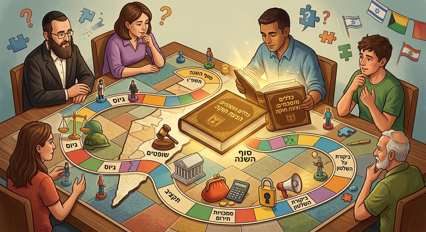 הקונספט: איור של שחקנים (המייצגים קבוצות שונות בחברה) סביב לוח משחק גדול, כשאחד מהם מחזיק ספר חוקים פתוח שמקרין אור על הלוח. על גבי משבצות הלוח מופיעים סמלים כרונולוגיים של אירועי תשפ"ו. מה זה משדר: מענה ישיר לשאלה המרכזית בתיאור המאמר — האם יש לנו כללי משחק מוסכמים המאפשרים להגיע להכרעה גם כשאין הסכמה?