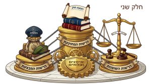 מבנה מורכב ומפורט המייצג את עקרון "איזונים ובלמים" בדמוקרטיה הישראלית. האיור משלב סמלים של שלוש רשויות השלטון: המחוקקת, המבצעת והשופטת. במרכזו, מגן זהב עם הכיתוב "איזונים ובלמים", מחובר בשרשראות וגלגלי שיניים לסמלי הרשויות: המגילה והספרים של הרשות המחוקקת, הכובעים ושקי המטבעות של הרשות המבצעת, והמאזניים והגבל של הרשות השופטת. הכיתוב על המגילה הוא "הצעת חוק" ועל המגן "איזונים ובלמים", כיתוב נוסף מופיע על בסיס הרשויות "הרשות המחוקקת", "הרשות המבצעת", ו"הרשות השופטת".